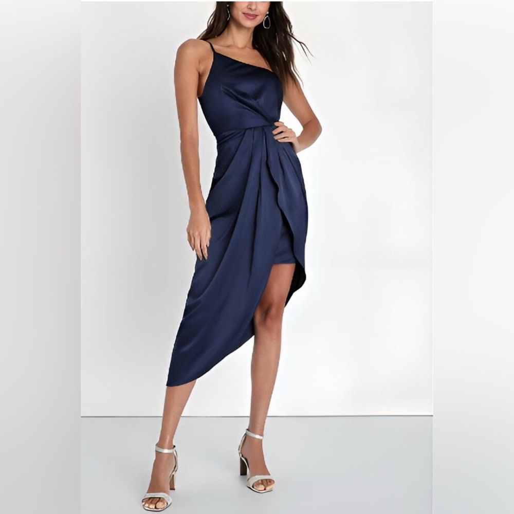 NWT Lulus Party Satin Law of Attraction One Shoulder Asymmetrical Midi Dress L